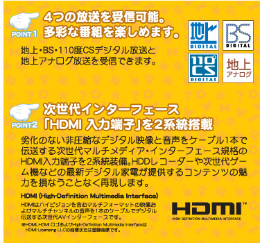 地上・BS・110度CSデジタル放送と地上アナログ放送を受信できます。